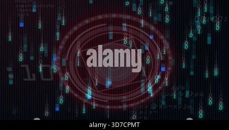 Displaying red ringed reticle with rippled center and triangles in HUD with cyan binary streams Stock Photo
