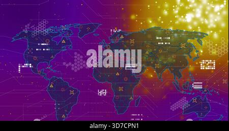 Displaying stylized world map showing data on purple-gold dashboard, hexagons and glowing nodes Stock Photo
