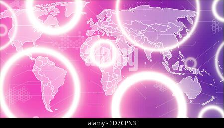 Displaying white-contour global map centered on pink-purple gradient, showing glowing rings, nodes Stock Photo