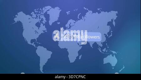 Displaying translucent follower bubble over world map, showing user-plus icon and 902,208 Followers Stock Photo