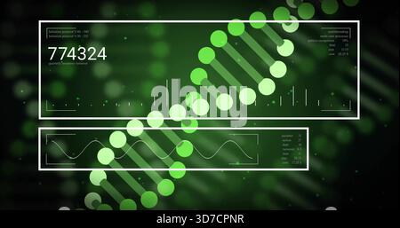 Displaying stylized DNA helix rotating on laboratory data screen, with HUD panels waveform 774324 Stock Photo