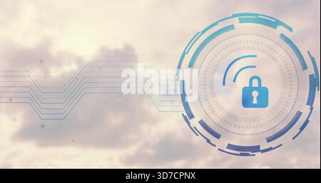 Displaying blue padlock in concentric HUD rings, emitting wireless arcs over cloudy sky, copy space Stock Photo