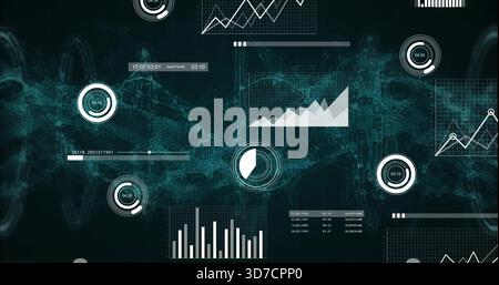 Displaying layered HUD on analytics dashboard, with circular gauges, line charts, progress bars Stock Photo