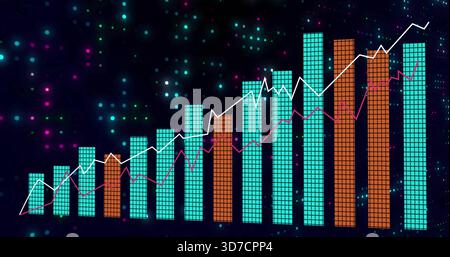 Displaying vertical bar chart on navy backdrop turquoise orange grid bars with white magenta lines Stock Photo
