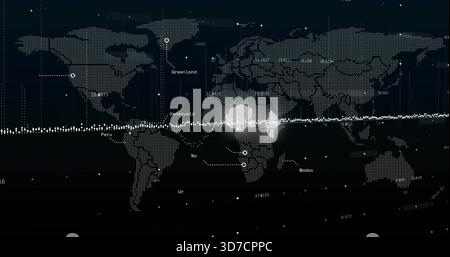 Displaying dotted world map on dark dashboard, highlighting equatorial band, markers and overlays Stock Photo