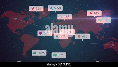 Displaying stylized map showing red continents on digital dashboard, with icon badges and links Stock Photo