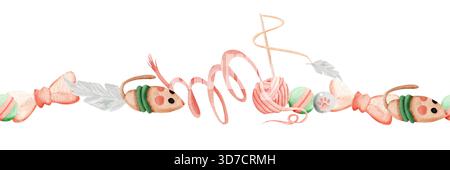 Cat toys: mouse, ball, bow, feather, ball, ribbon, fishing rod, ball of yarn. Seamless watercolor border. Simple illustration in pastel colors. Stock Photo