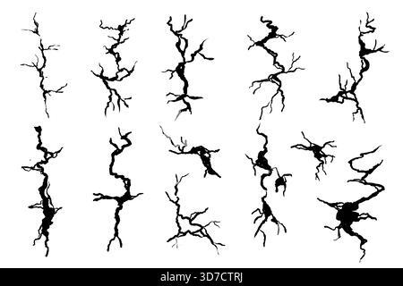 Crack wall, ground texture breaks on land surface. Ground fissure line sketch set. Crash fracture, land damage, earthquake. Vector illustration Stock Vector