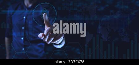 Person touching virtual interface with circular digital graphic overlay, blue tones, and world map background. Cyber security concept Stock Photo