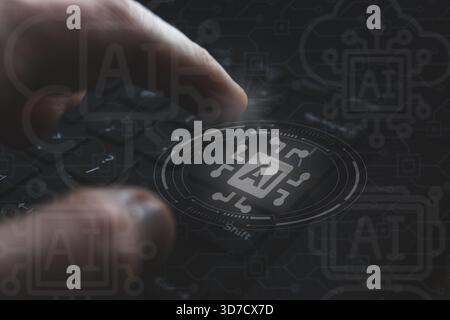 Finger pressing keyboard key with AI chip illustration overlay and abstract circuit graphics Stock Photo