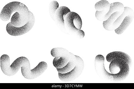 Stipple gradient shapes. 3D wavy lines with noise. Grainy geometric spirals with sand effect. Halftone trendy curved organic objects for modern Stock Vector