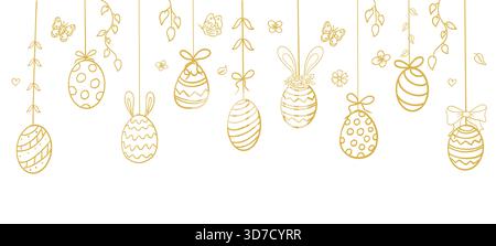 Easter eggs golden hanging horizontal garland, eggs with rope, bows, decorations, leaves and butterfly ornament. Holiday line hand drawn doodle sketch border. . Vector illustration Stock Vector