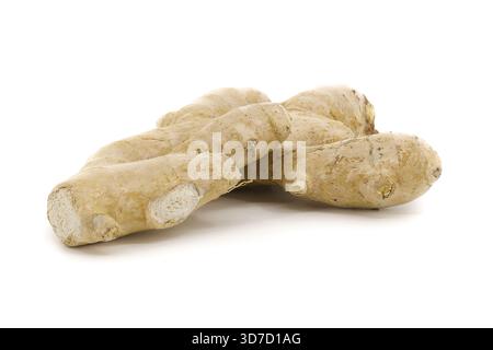 A whole natural ginger root captured on a crisp white backdrop, revealing detailed skin patterns and fresh, earthy color under studio light. Stock Photo