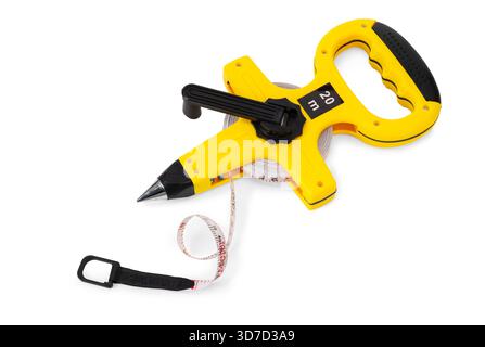 20 meter Yellow Measuring Tape Tool With Retractable Tape And Ergonomic Handle with Smooth rolling and running of tape isolated On White Studio Backgr Stock Photo