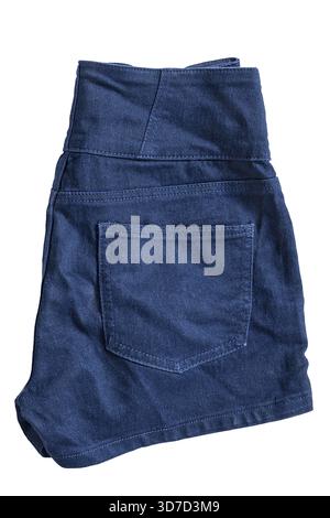 Folded dark blue denim shorts isolated on white background Stock Photo
