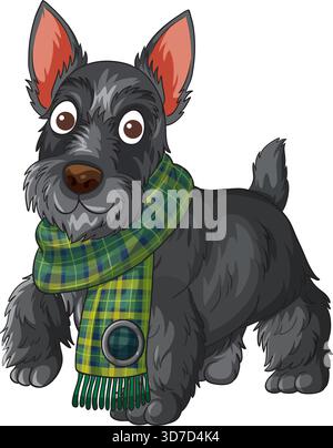Cartoon Scottish Terrier dog with black fur and green plaid scarf, isolated on white background. Stock Vector