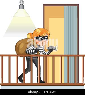 Cartoon burglar with flashlight and loot bag sneaks on balcony under lamp, flat vector style Stock Vector