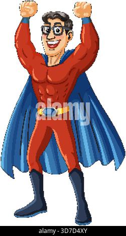 Muscular cartoon superhero in red suit and blue cape, arms raised, cheerful expression, vector style Stock Vector