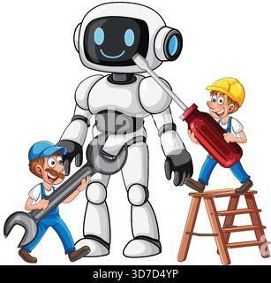 Cartoon engineers fix smiling robot using large wrench and screwdriver, bright colors, white background Stock Vector