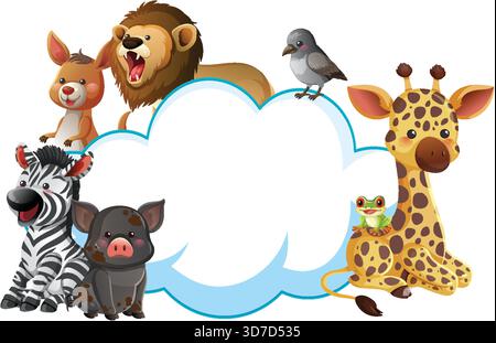 Colorful vector illustration of safari animals surrounding a blank cloud-shaped space, playful composition Stock Vector
