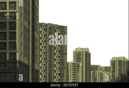 cityscape of modern apartment towers in a halftone effect with muted green tones. The tall residential buildings feature repeating balconies and windo Stock Photo