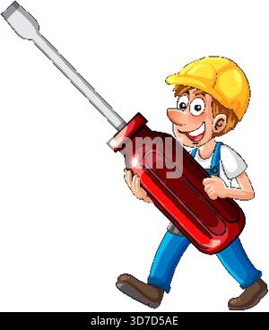 Smiling cartoon builder in hard hat walking with oversized red screwdriver, white background, vector style Stock Vector