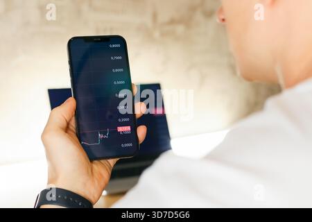 Person's hand holding a smartphone displaying a horizontal bar chart of declining values, laptop in soft focus behind. Stock Photo