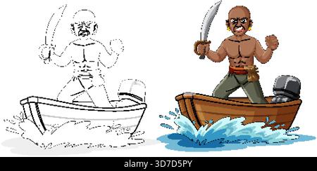 Bold cartoon pirate with sword on wooden motorboat, colored and outline versions, dynamic water splash Stock Vector