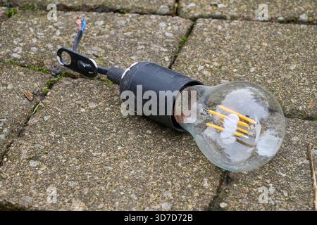 Light bulb and its socket on paved ground Stock Photo