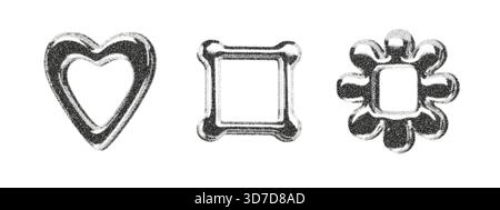 Grainy heart, square and flower frames with dotwork texture. Stipple grain and halftone shading create abstract decorative borders for minimalist Stock Vector