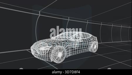 Displaying white wireframe sedan model sitting on grid floor in 3D viewport, showing tunnel panels Stock Photo