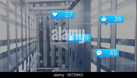 Showing central server racks humming in data center corridor, with LED lights and social bubbles Stock Photo