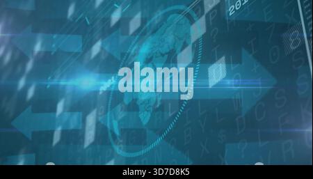 Animating transparent globe rotating within dotted HUD on broadcast UI, with arrows and text grid Stock Photo