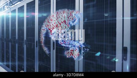 Hovering holographic sphere projecting colored data in cooled data center aisle, with LED lights Stock Photo