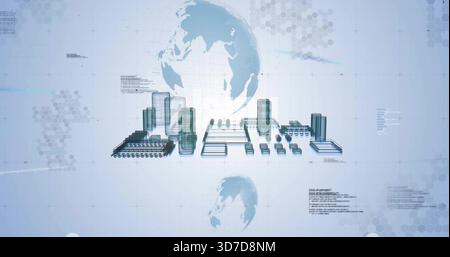 Displaying central 3D industrial complex floating on pale blue grid, with tanks, modules, wireframe Stock Photo