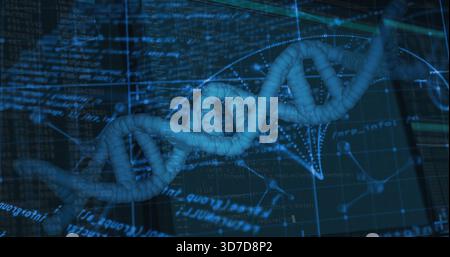 Twisting central 3D DNA double helix glowing across virtual laboratory display, with overlaid code Stock Photo