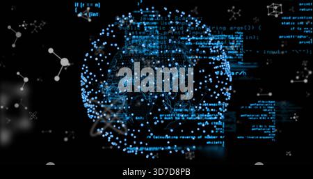 Pulsing data globe displaying cyan nodes and code overlays in virtual black space, with molecules Stock Photo