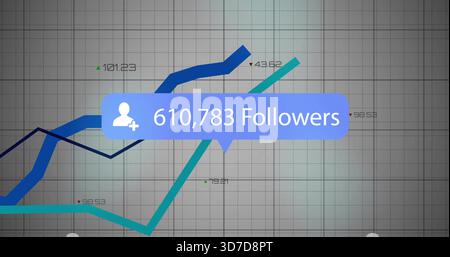 Displaying follower callout showing 610,783 followers with user-plus icon on grid, three lines Stock Photo