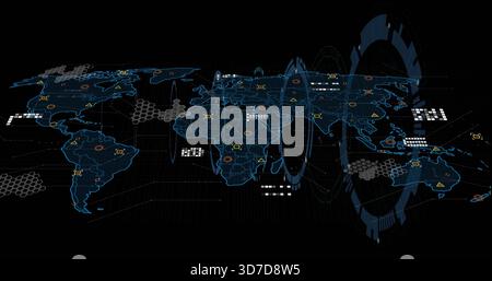 Displaying stylized digital world map overlaying virtual dashboard with HUD rings, nodes, hex grids Stock Photo