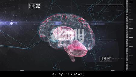 Floating 3D wireframe brain model pulsing in HUD space, showing network lines, date labels, scale Stock Photo