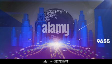 Rotating globe with gear motifs emitting central flare and light streaks on holographic stage, 9655 Stock Photo