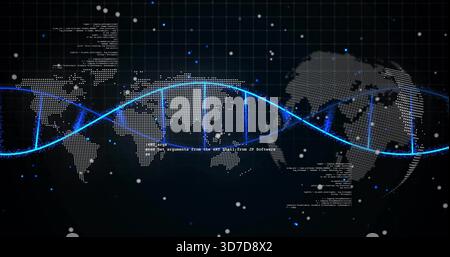 Glowing neon double helix ribbon traveling across dotted world map, with code fragments Stock Photo