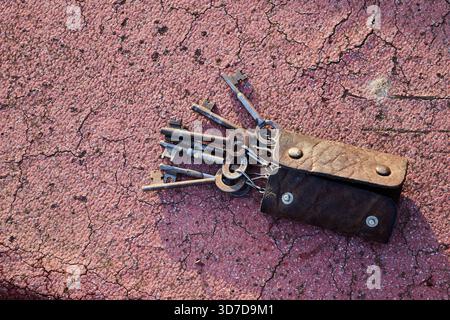 leather case with several keys Stock Photo