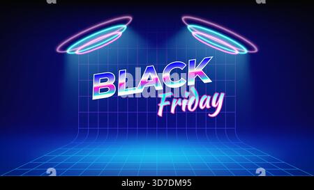 Black friday neon offer poster. Sale, promotion banner. Retro futuristic stage blue background. Circular cyan pink neon, led halo spotlight. Wireframe Stock Vector