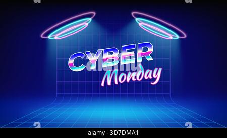 Cyber monday neon offer poster. Sale, promotion banner. Retro futuristic stage blue background. Circular cyan pink neon, led halo spotlight. Wireframe Stock Vector