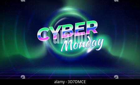 Cyber monday offer banner, neon color. Sale poster, promotion. Stage, laser grid, circular light frame, wireframe, dark blue background. Cyber monday Stock Vector