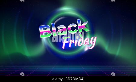 Black friday offer banner, neon color. Sale poster, promotion. Stage, laser grid, circular light frame, wireframe, dark blue background. Black friday Stock Vector