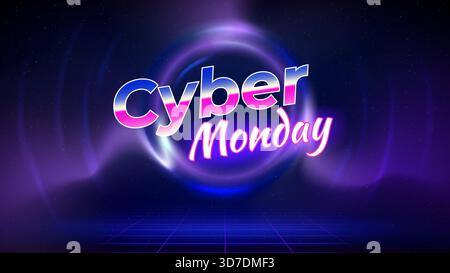Cyber monday offer banner, neon color. Sale poster, promotion. Stage, laser grid, circular light frame, wireframe, dark blue background. Cyber monday Stock Vector