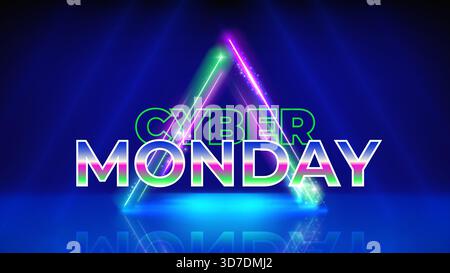 Cyber monday neon offer poster. Special offer sale. Neon triangular frame. Stage blue background. Cyber monday concept, advertising. Sale, promotion Stock Vector