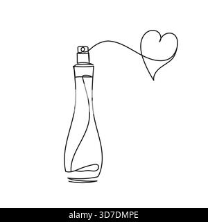 Minimalist one line drawing of perfume bottle with a heart-shaped spray trail. Vector illustration for beauty branding, fashion, cosmetic projects. Stock Vector